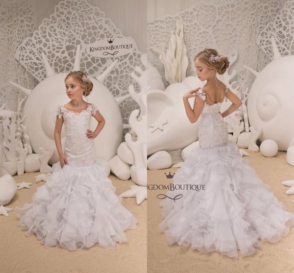 

Little White Lovely Short Sleeve Mermaid Flower Girl Dresses 2019 Sheer Neck Lace Appliqued Tiered Skirts Corset Back Kids Formal Wear