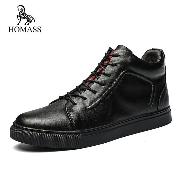 

homass fashion sneakers high men shoes genuine cow leather men casual shoes for autumn male footwear lace up plus size 38-47, Black