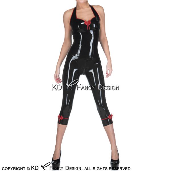 

black with red halter latex catsuit with bows decoration front zipper rubber bodysuit zentai overall body suit lty-0227