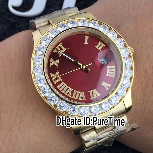 

New ro e gold big diamond bezel 43mm red dial diamond roma mark a2813 automatic men watch port watche rollie puretime r207b2