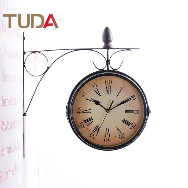 

tuda creative mediterranean iron double-sided mute wall clock home crafts decoration european wrought iron hanging wall clock