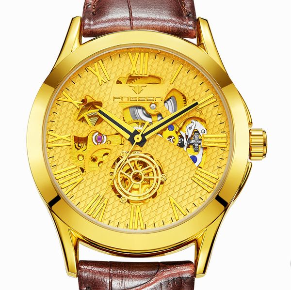 

new fngeen fashion business full automatic hollow mechanical wristwatch for men leather bracelets strap, Slivery;brown