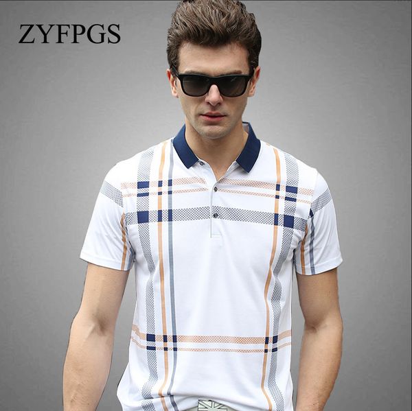 

zyfpgs summer ralphmen striped shirt short sleeve brands men slim cotton loose lapel shirt business l0616, White;black