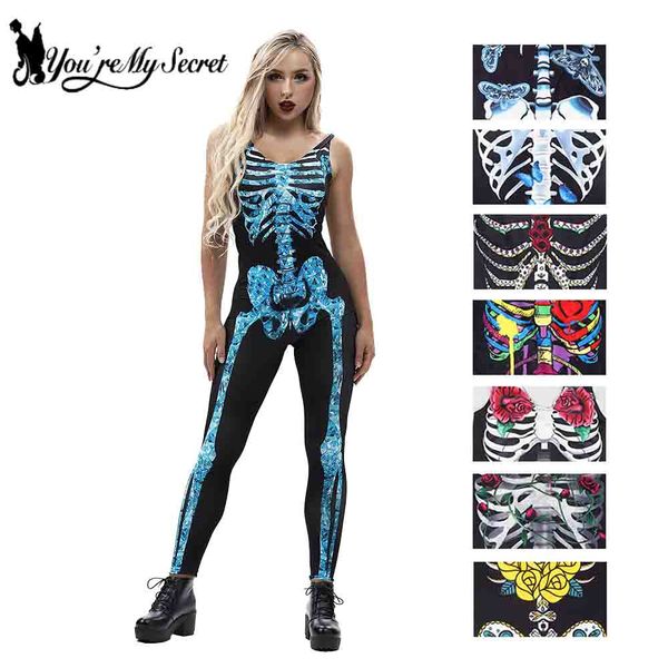 

you're my secret] 2018 halloween fantastic cosplay women scary constume sleeveless catsuit skeleton rose print party jumpsuit, Black;red