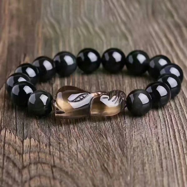 

dropshipping black natural obsidian stone bracelet round bead with fox bracelets for lovers wrist energy stone fashion jewelry