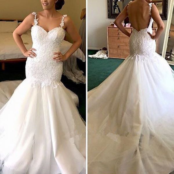 

backless mermaid wedding dresses lace appliques spaghetti straps open back tulle skirt bridal gowns with court train custom made, White