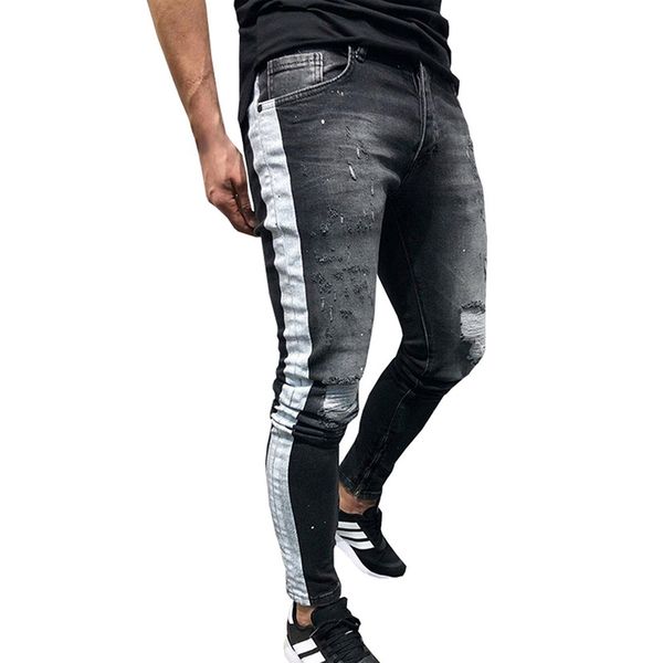 

black skinny jeans men hip hop stripe ripped elastic slim fit jeans male stretchy pants 2018, Blue