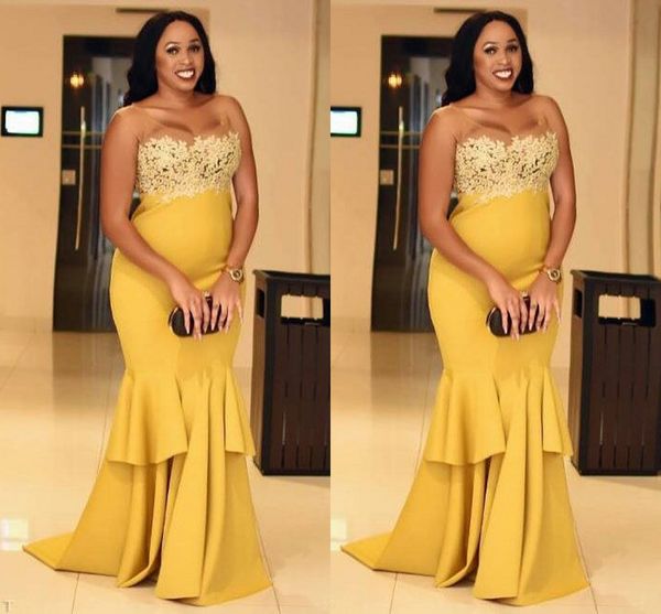 Amarelo afircan nigeriano sereia sheer neck renda applique em camadas cetim vestido de festa vestidos de noite vestidos formais