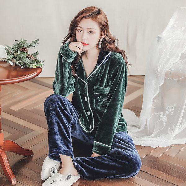 

plus size 3xl 4xl 5xl warm flannel pajamas for women full length ladies velvet pyjama set 80 kg 90 kg can wear sleepwear, Blue;gray