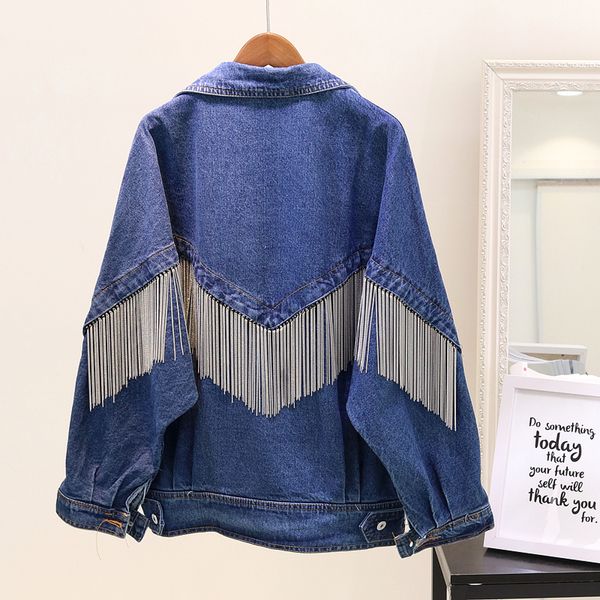 

2018 new spring autumn women's loose chain tassel denim jacket blue cowboy coat female students casual outwear, Black;brown
