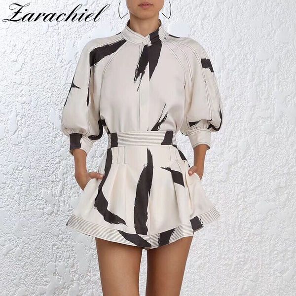 

2018 summer runway designer ink art printed women casual short sleeve belt blouse shirt + high waist shorts set 2 piece set, White