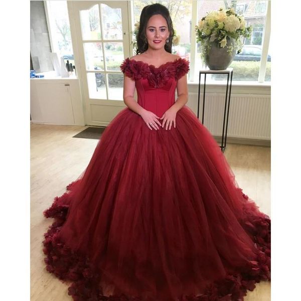 

off the shoulder burgundy ball gown quinceanera dresses hand made flowers sweet 16 ball gowns masquerade dresses formal pageant wear, Blue;red