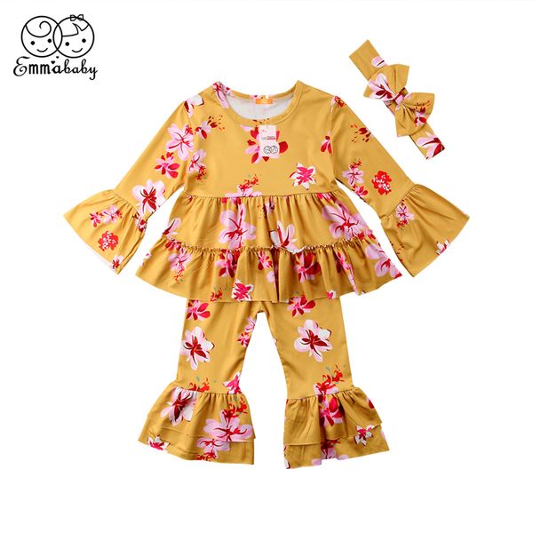 

emmababy 0-4y children kid baby girl clothing yellow floral ruffle long sleeve dress t shirts flare pants girls outfit set, White