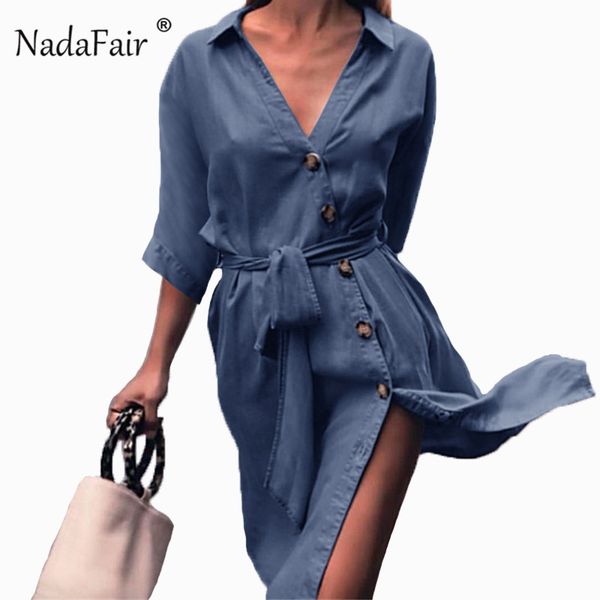 

nadafair women half sleeve denim dress single-breasted sash slim casual dress women split autumn, White;black