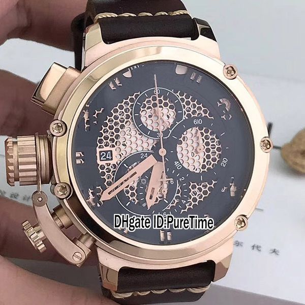 

new u51 chimera rose gold brown skeleton dial black subdial miyota quartz chronograph mens watch satch brown leather watches ub59a1, Slivery;brown