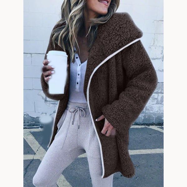 

women faux fur teddy coat outerwear 2018 winter warm fur jacket casual elegant female lapel overcoat plus size coat, Black