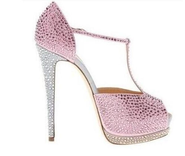 2018 mode desigh vrouwen peep toe pompen roze strass hoge hak zacht leer platform pompen trouwschoenen dunne hak