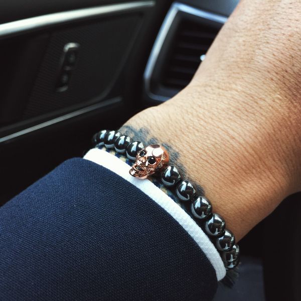 

mcllroy skull bracelets hematite natural stone beads elastic rope vintage men gifts bracelet jewelry punk pulseira masculina, Black