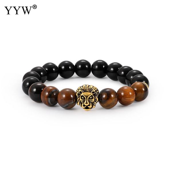 

natural stone bracelet men luxury gold lion zinc alloy charm 10mm beads bracelets male black agat bangles fashion jewelry