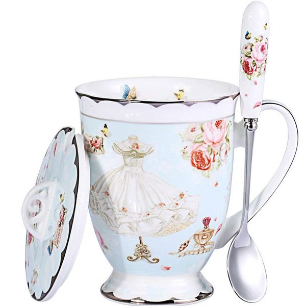 Çay Bardağı ve Kapak ve Kaşık Seti Kraliyet Güzel Kemik Çini kahve Kupa 11 oz Kadınlar için Açık Mavi TeaCups Hediye Anne Hediye Kutusu.