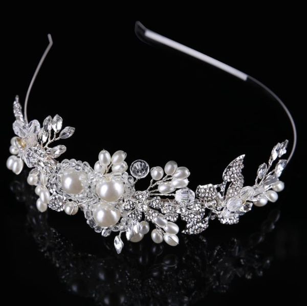 

handmade pearl glass buckle stage banquet bride wedding headwear crown, Silver
