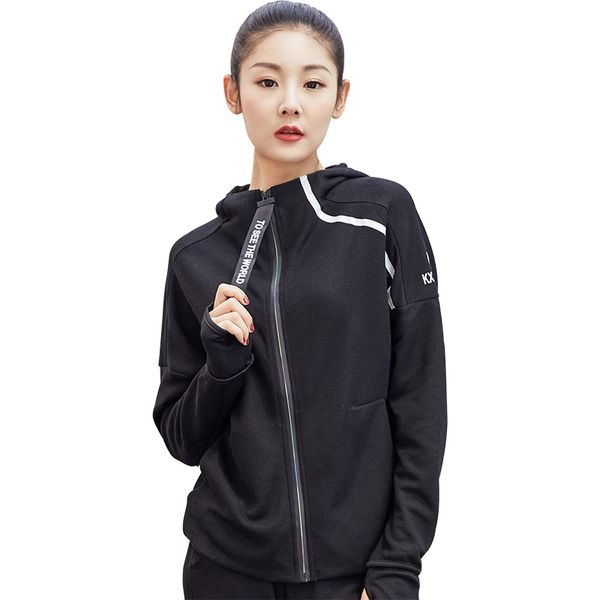 

2018 new hooded running sports jacket women long sleeve zipper fitness hoodies sweartshirt quick dry gym pullover coat, Black;red
