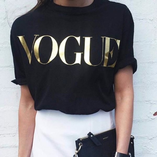 

Мода футболки для женщин футболка золото VOGUE письмо женщины с коротким рукавом круглый вырез графический тройники повседневная женская топы 2017 новый NV08 РФ