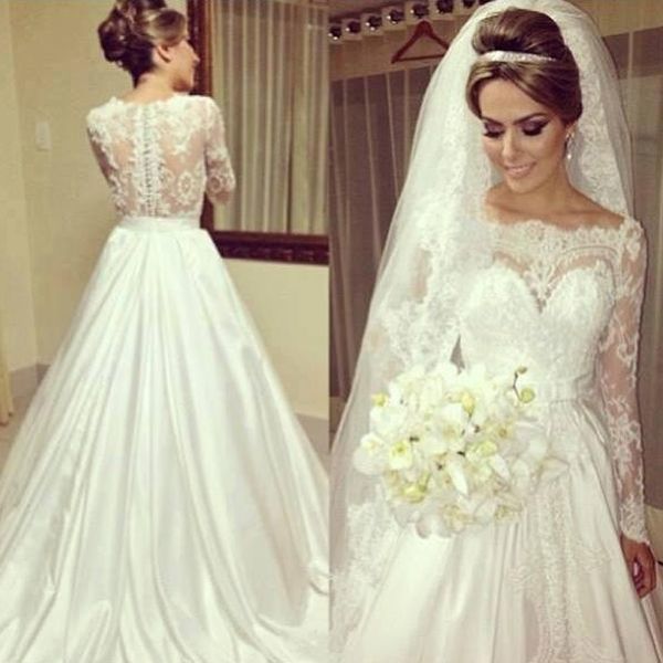 

arabic long sleeves wedding dresses sheer bateau neckline see through back lace appliques satin bridal gowns small train custom made, White