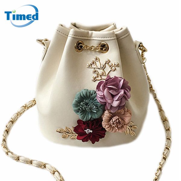 

2017 new design women handmade flowers bucket bags mini shoulder bag chain drawstring small cross body bag fashion handbags