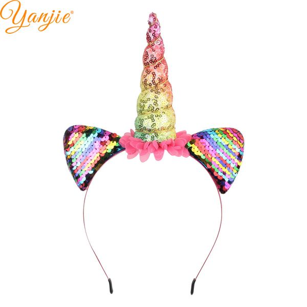 

funky rainbow glitter sequins padded horse horn ears women girl party hairband 2018 charming floral headband hair accessories, Slivery;white