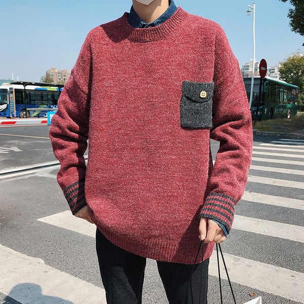 

autumn winter new men's sweater warm fashion solid color loose long-sleeved o-neck knit pullover man casual male clothes, White;black