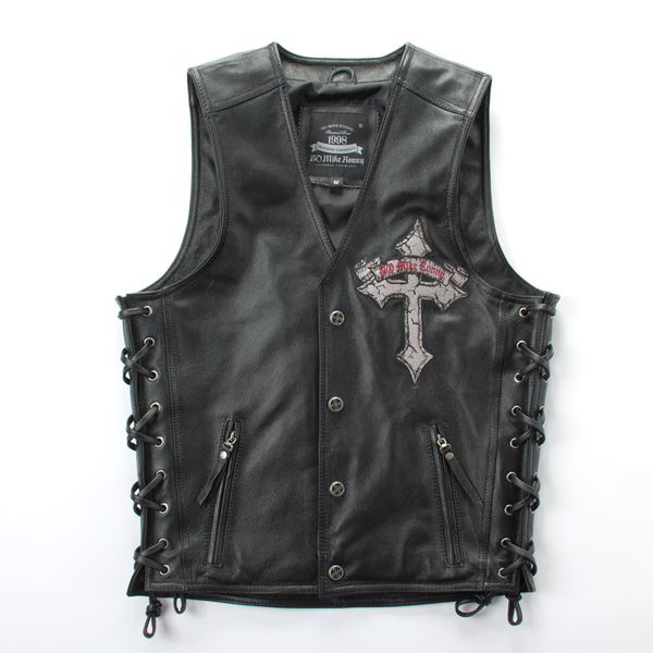 

locomotive vest cross skull head black genuine leather jackets cow leather vest jackets without sleeve woven on both sides, Black;white