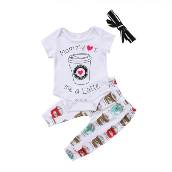 

cute 3pcs short sleeve clothes newborn baby girls boys rompers jumpsuit print pants leggings headband outfits set clothing, White
