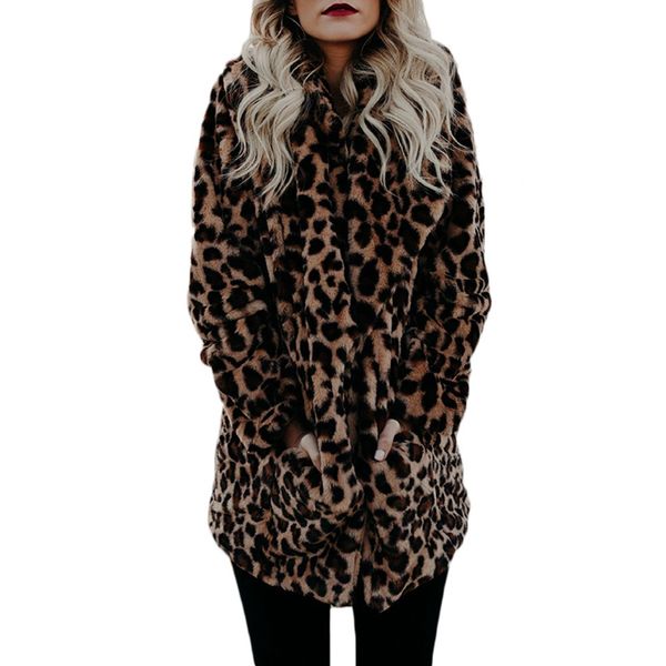 

women leopard print faux fur coats winter fluffy lapel coat warm long sleeve open stitch wide-waisted loose outerwear, Black