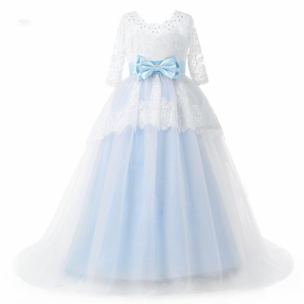 

modabelle light blue flower girl dresses with sleeve lace kids occasion dresses abiti prima comunione bows pageant gowns 2018, White;blue