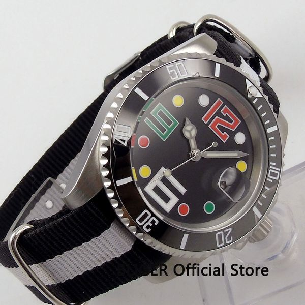 

bliger 40mm black sterile dial ceramic bezel luminous hands nylon strap miyota automatic movement mechanical men's watches b-110, Slivery;brown