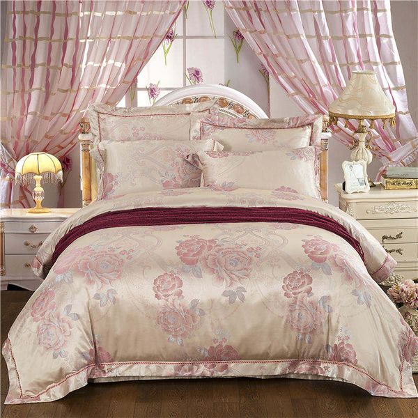 European Bedding Set Queen Size Luxury Satin Golden Duvet Cover Jacquard Fl Bedspread Bed Linens Embroidery Home Decor Toddler Sets