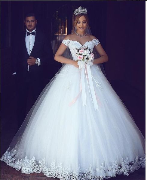 Abiti da sposa moderni più recenti semplici appliques in pizzo spalla in rilievo il pavimento illusione tulle plus size abiti da sposa