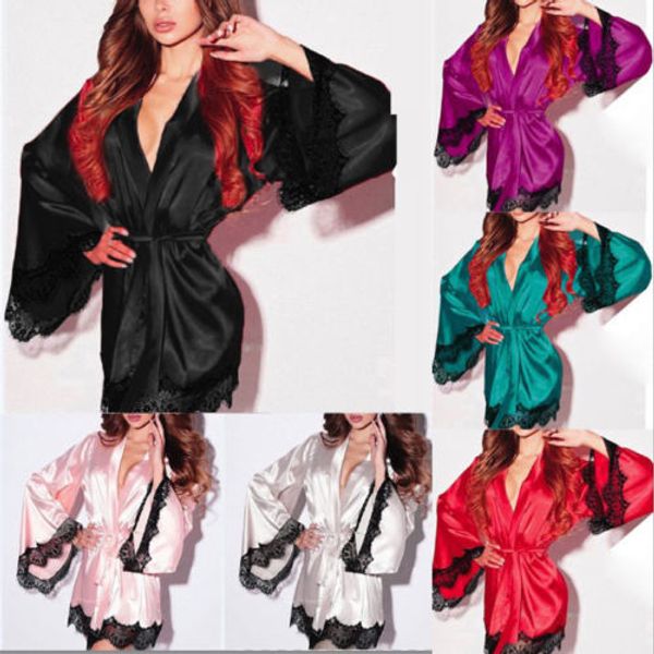 

au women lady satin long sleeve v-neck lace nightwear robe dress wedding sleepwear pajamas, Black;red