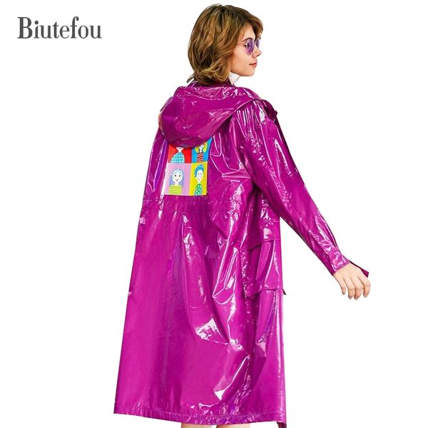 

2018 spring fashion metallic color hooded coats women cartoon print chic long coats, Tan;black