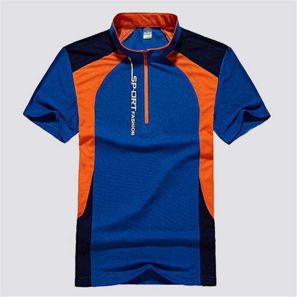 

Europe Russia Handsome Youth Blue Green patchwork Tshirts Men casual sport Elastic slim Quick-drying Tops Mandarin collar zipper Tees shirts