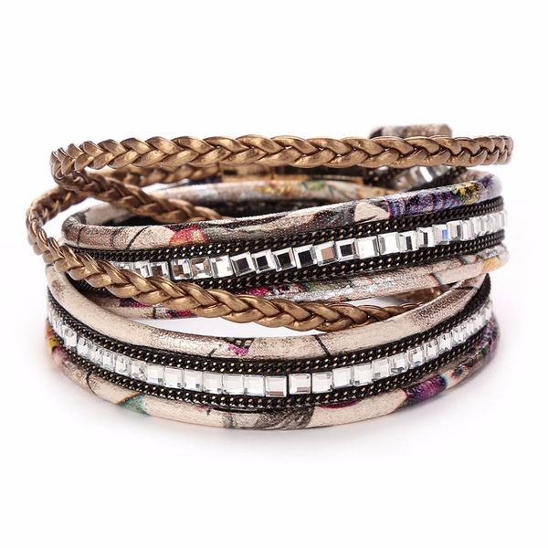 

diezi multi layer wrap bracelets casual sport leather handmade bracelets for women rhinestone magnet buckle bangles, Golden;silver