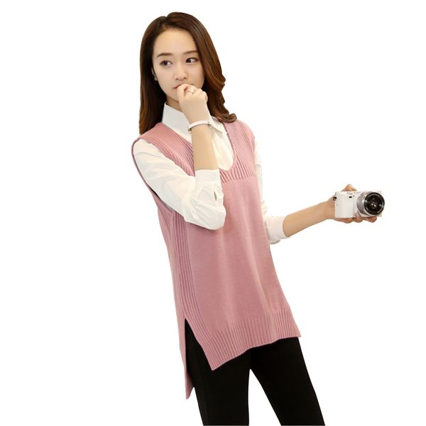 

korea knitting women tank vest 2018 autumn fashion v-neck plus size loose leisure femme side split irregular knit vest, White