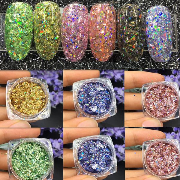 

12jar/lot laser colorful broken paillette nail glitter sticker charms designs diy irregular sequins nail dust powder cpt45353, Silver;gold