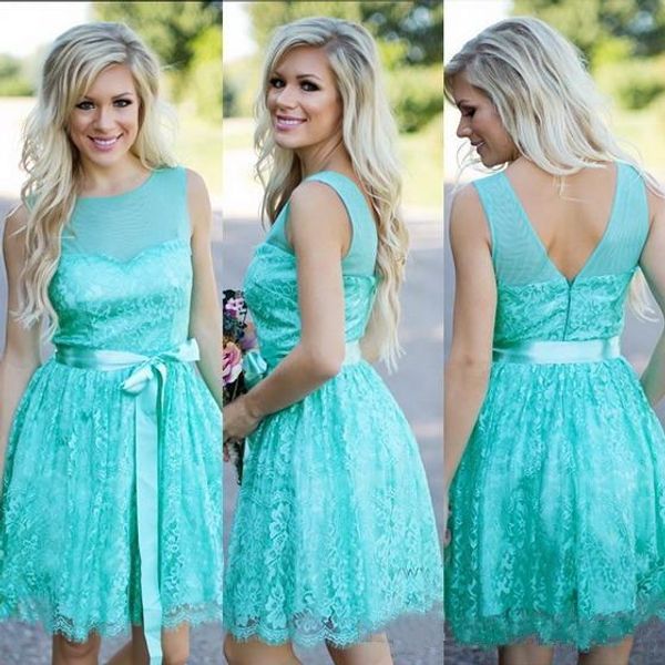 

Turquoise Filly Flair Bridesmaids Dresses Country Jewel Backless Ribbon Lace Short Bridesmaid Formal Dress Wedding Party Gowns Plus Size