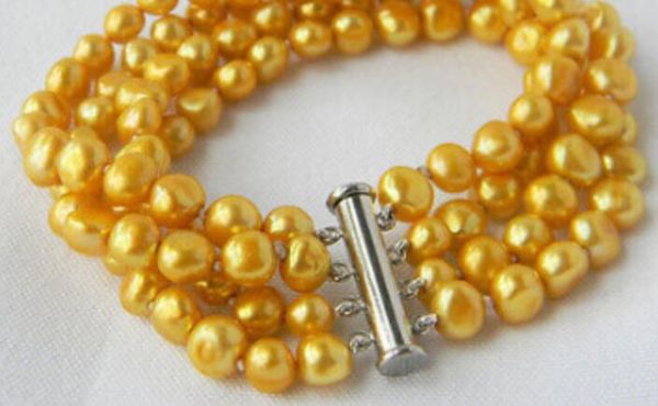 

gt;>>4strands 8'' golden baroque freshwater pearl bracelet, Golden;silver