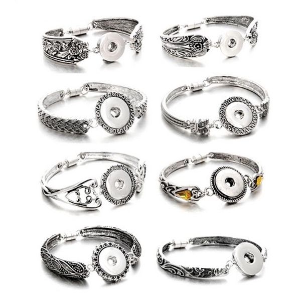 Heißer Verkauf Snap Schmuck Silber 18mm Druckknöpfe Armband Blumen Geschnitzte Vintage Snap Armbänder für Frauen Männer Armreif armbänder