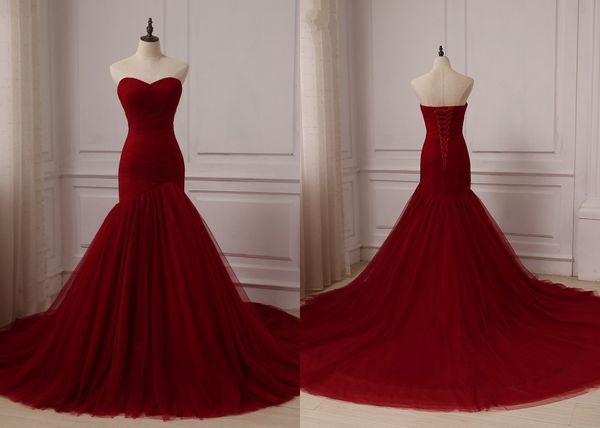 

wine red wedding dresses mermaid actual p sweetheart lace up back pleated court train informal wedding gowns bridal, White