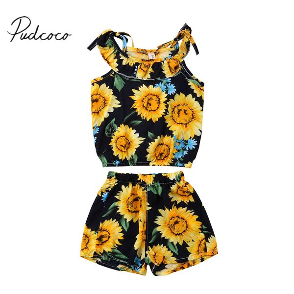 2PCS Newborn Baby Girl Sunflower Crop Tops Bib Pants Shorts Overalls Outfit Sets