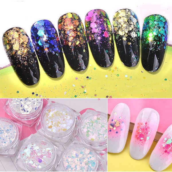 

6pcs/set shining gold sliver nail art glitter flakes mix designs nail sequins uv gel polish dazzling paillette decoration, Silver;gold